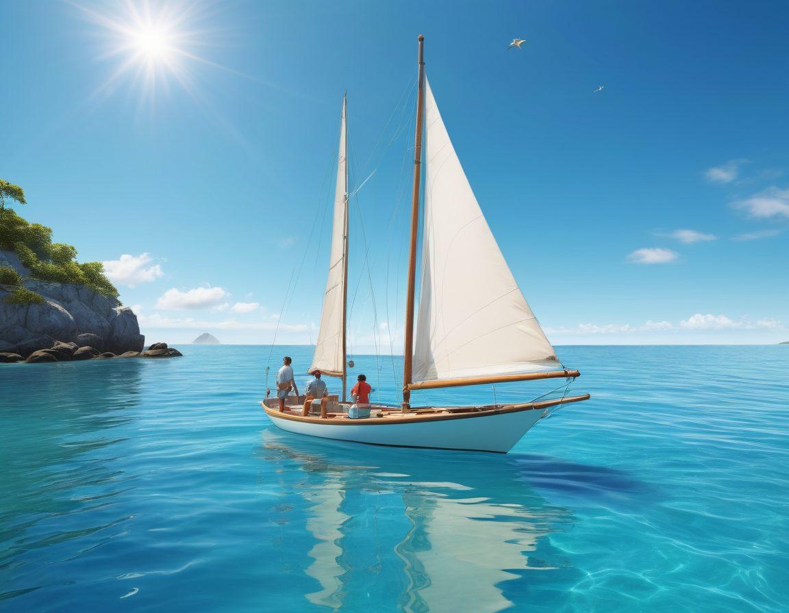 A serene coastal scene depicting a family enjoying a day on a sailboat, with a backdrop of beautiful azure waters and a clear sky. Include elements of insurance such as a floating anchor with a shield symbol and underwater scenes showing marine life, symbolizing protection. The image should convey a sense of adventure and security, with a gentle wave rhythm. vibrant colors. 3D.