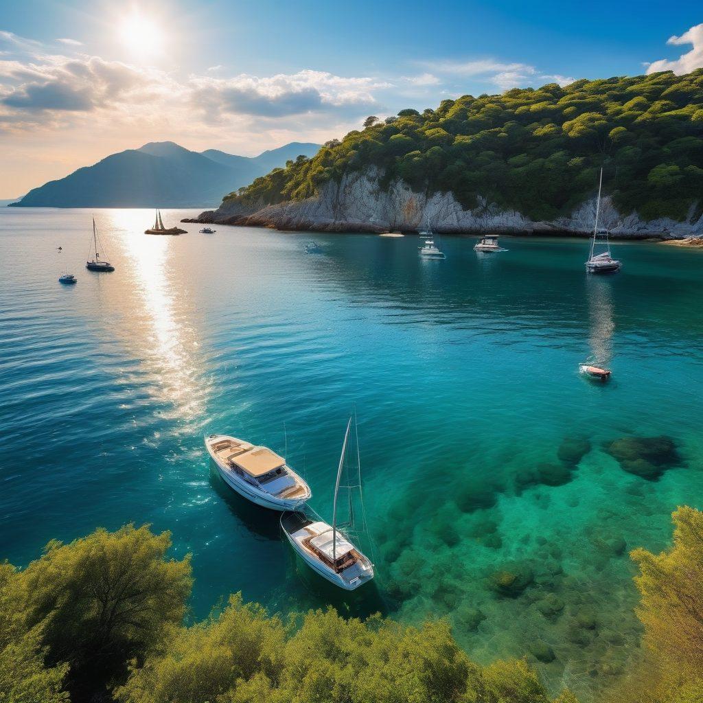 A breathtaking scene of diverse watercraft ranging from classic sailboats to luxurious yachts, all gracefully anchored in a serene bay. The vibrant blue water reflects the golden sunlight, while adventurous individuals are happily engaged in various water sports nearby. Clean, clear skies above with fluffy clouds add to the tranquil atmosphere, symbolizing a perfect day of adventure on the water. super-realistic. vibrant colors. serene background.