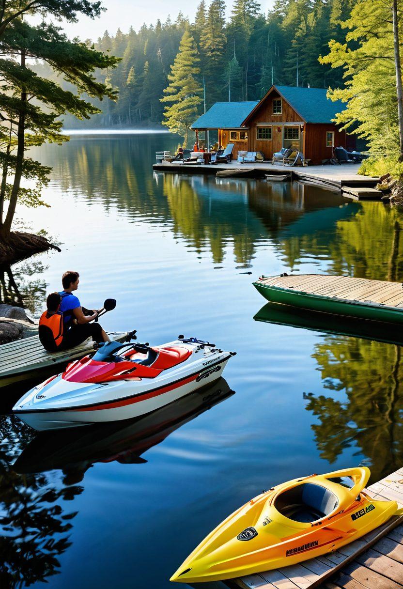 A serene lakeside scene showcasing various watercraft, including a jet ski, a sailboat, and a canoe, emphasizing the importance of insurance coverage. In the background, a cozy cabin with a dock adorned with life vests and paddles, while a family enjoys a day on the water. A subtle overlay of insurance documents and symbols like a shield and a checklist to represent protection. The image conveys a sense of adventure and safety. vibrant colors. super-realistic.